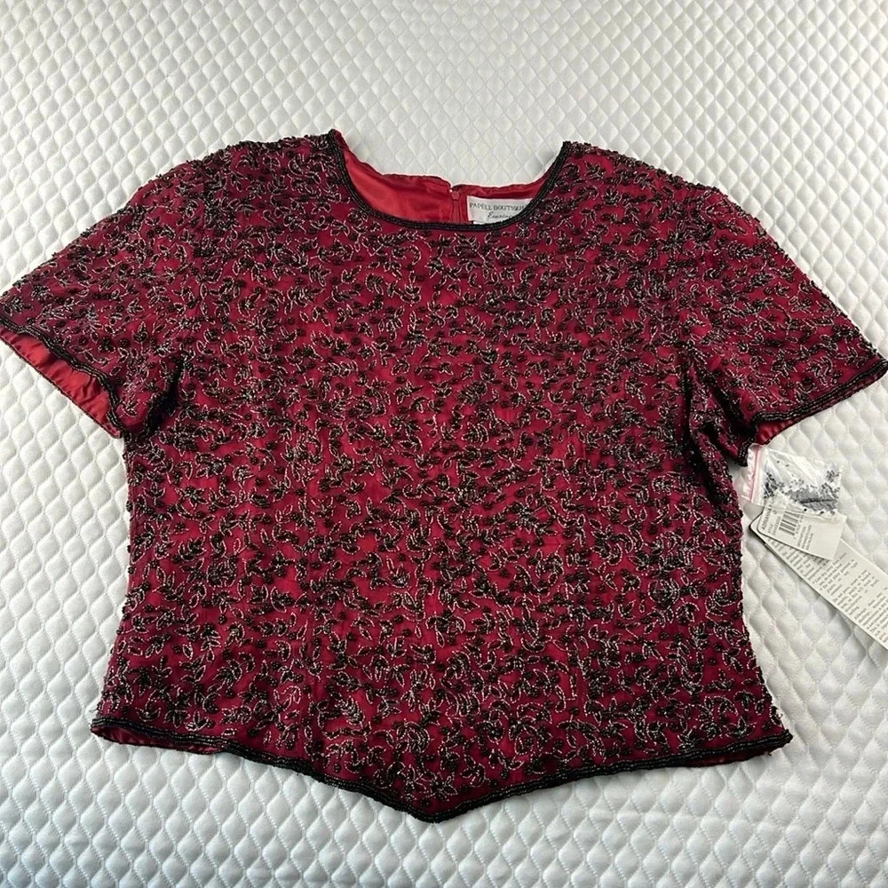 Papell Boutique Evening Beaded Silk Entwined Flower Short Sleeve Blouse Sz L NWT